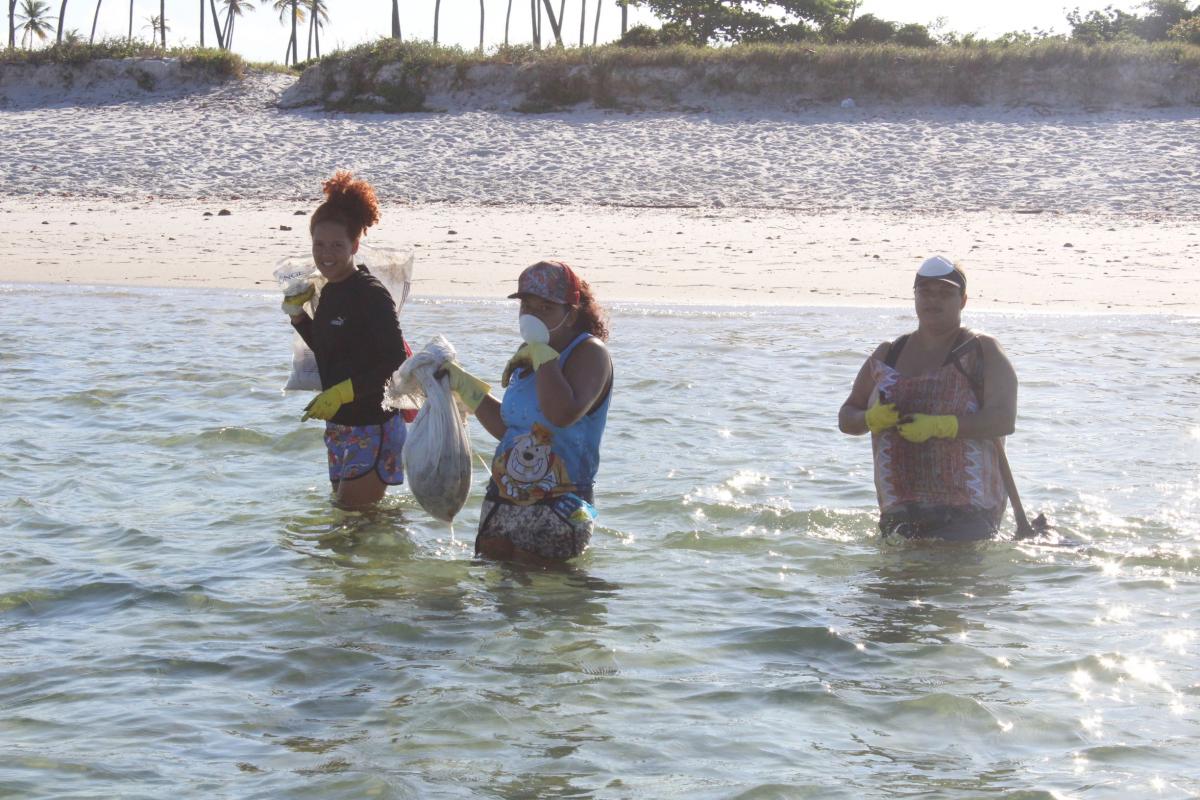 Voluntárias recolhem óleo da praia
